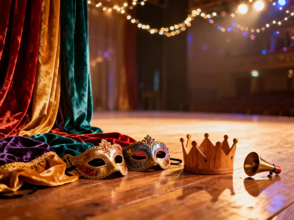 Kolorowe rekwizyty teatralne, takie jak maski, korona i kurtyny, rozłożone na drewnianej scenie w magicznej scenerii.