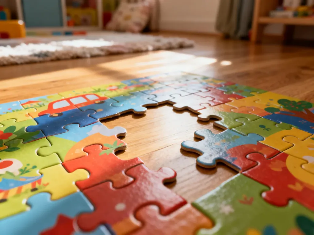 Kolorowe puzzle rozłożone na drewnianej podłodze z widocznym brakiem jednego elementu w centralnej części układanki.