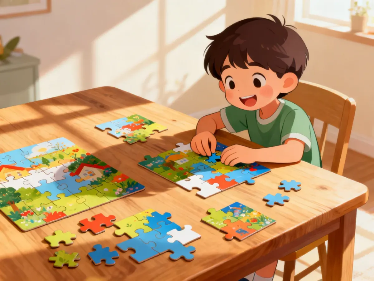 Dziecko układające progresywne puzzle o różnym poziomie trudności