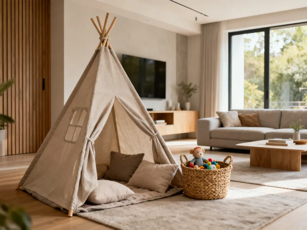 Tipi tworzące przytulną dziecięcą bazę w salonie
