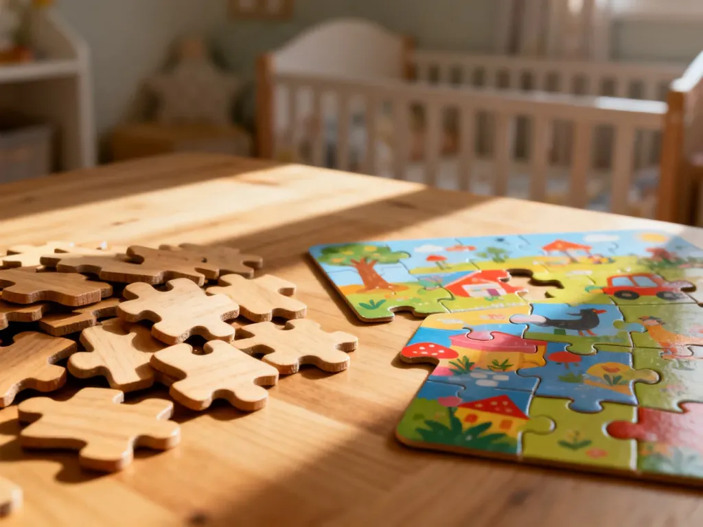 Porównanie grubych drewnianych puzzli oraz tradycyjnych tekturowych układanek leżących na drewnianym stole.