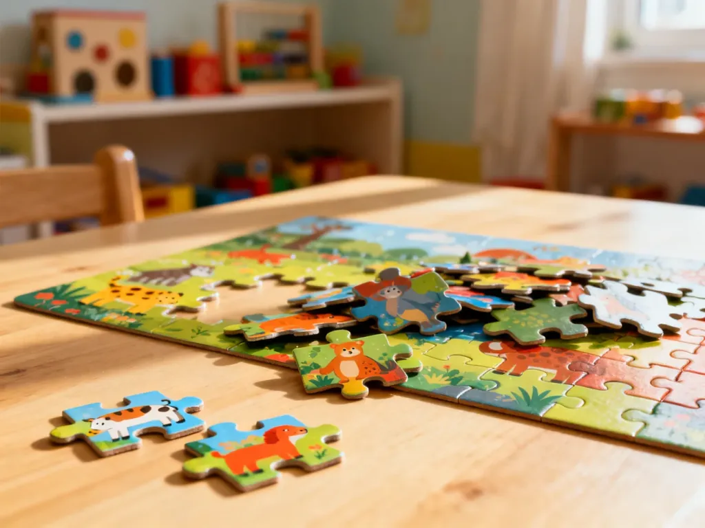 Kolorowe puzzle ze zwierzętami rozłożone na drewnianym stole, zachęcające do wspólnej zabawy edukacyjnej.
