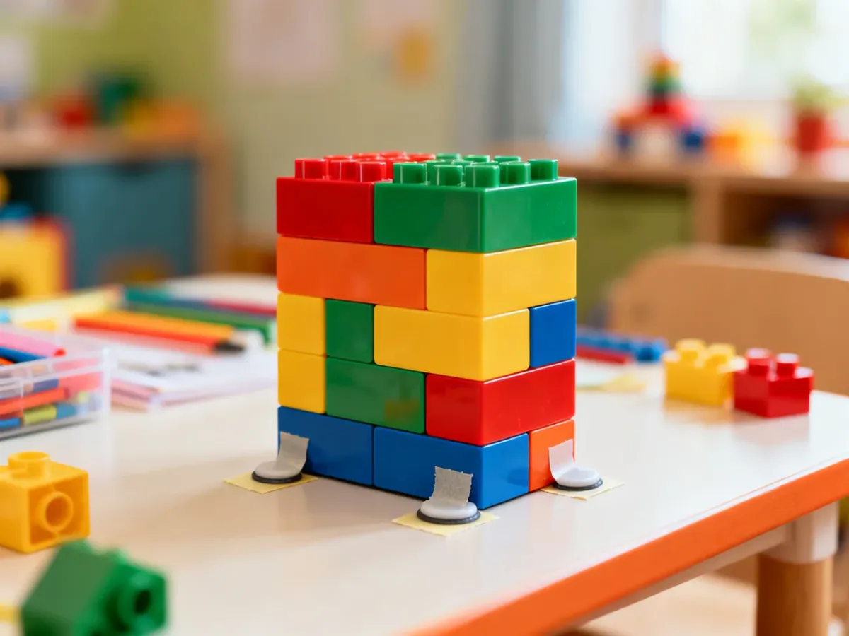 Kolorowa budowla z plastikowych klocków zabezpieczona taśmą malarską i masą mocującą