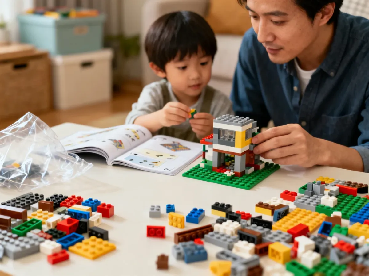 Dziecko i rodzic szukający brakującego klocka LEGO wśród elementów zestawu