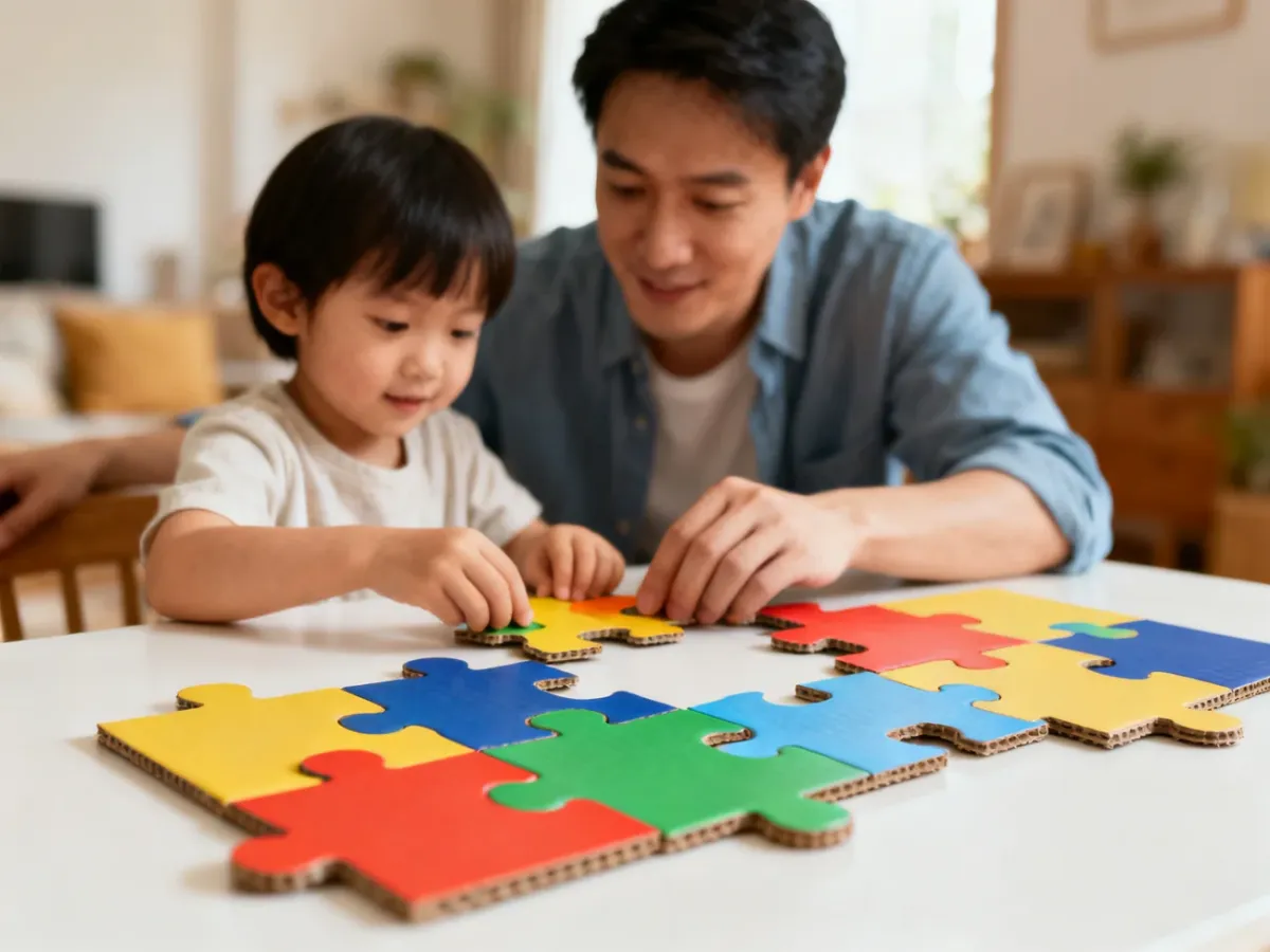 Dziecko z rodzicem układające duże, kolorowe puzzle przy stole