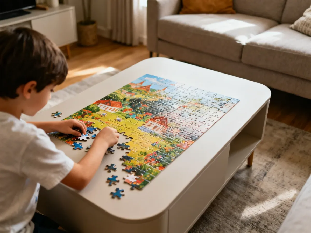 Dziecko układające duże puzzle na niskim stoliku