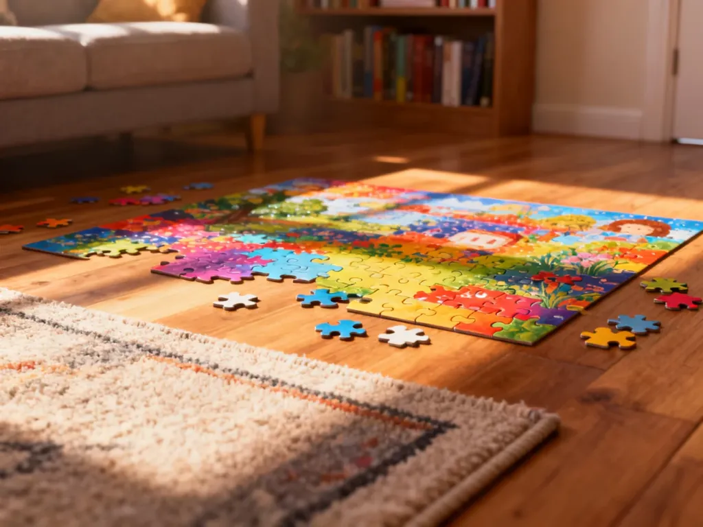Kolorowe puzzle rozłożone na dywanie w przytulnym salonie, tworzące wygodne miejsce do zabawy w małym mieszkaniu.