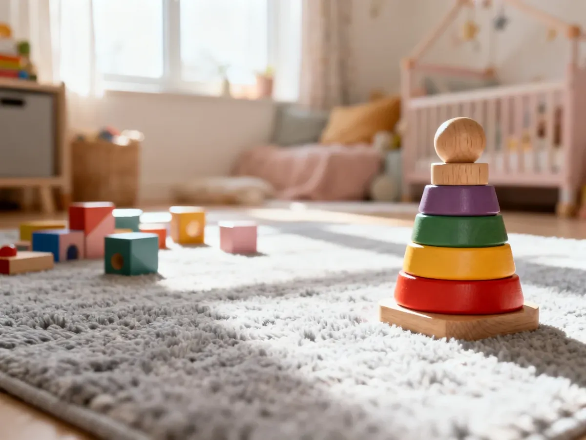 Drewniane zabawki edukacyjne i klocki rozłożone na miękkim dywanie w przytulnym pokoju dziecięcym.