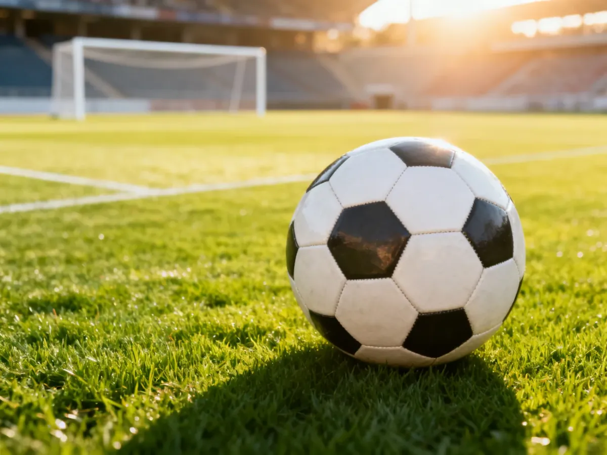 Profesjonalna piłka nożna leżąca na murawie stadionu w świetle porannego słońca.