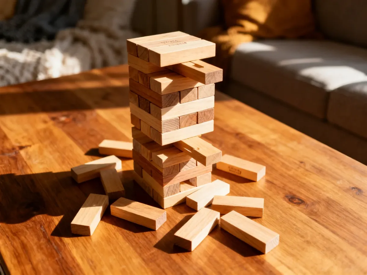 Drewniana wieża Jenga w trakcie gry na stole, z rozrzuconymi klockami w przytulnym salonie.