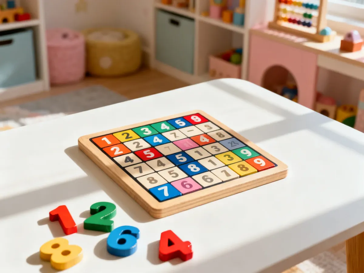 Kolorowa drewniana plansza do gry w Sudoku z klockami z cyframi, zachęcająca dzieci do nauki logicznego myślenia.