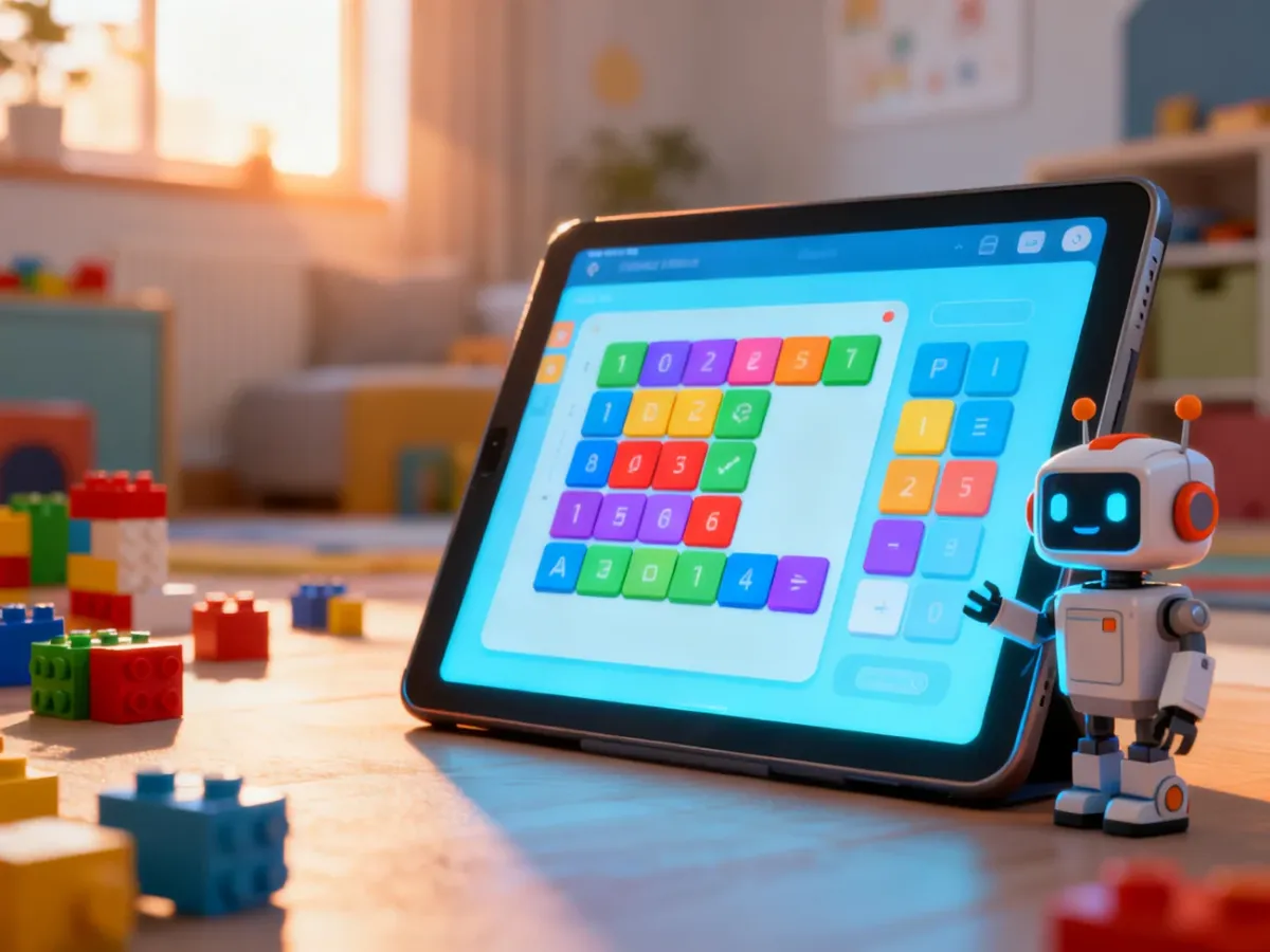 Tablet z kolorowymi blokami kodu i przyjaznym robotem, zachęcający dzieci do nauki programowania w przytulnym pokoju.
