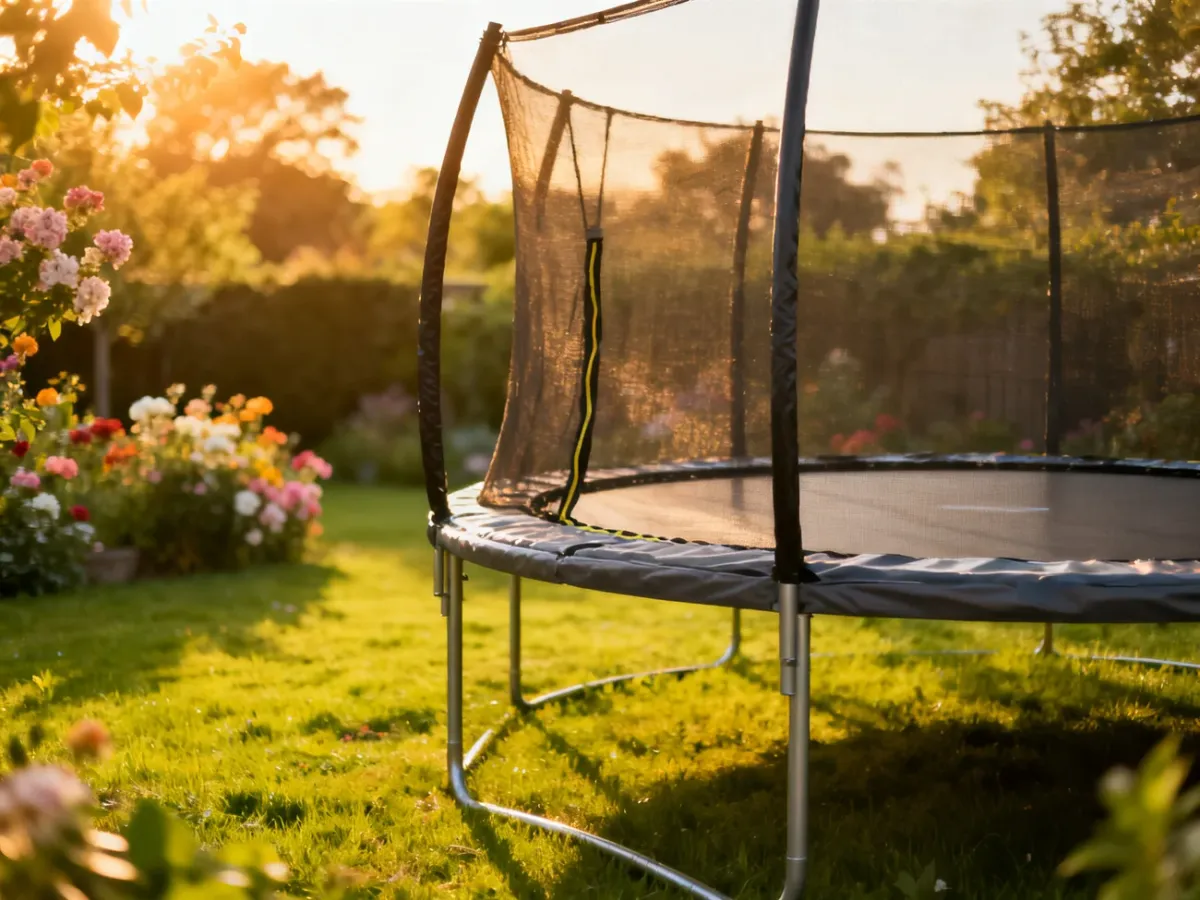 Duża ogrodowa trampolina z siatką zabezpieczającą ustawiona w słonecznym, zielonym ogrodzie.