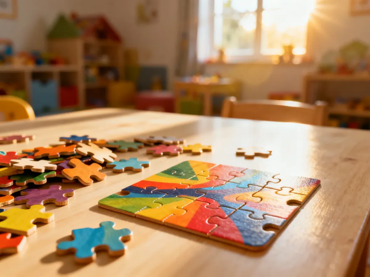 Kolorowe drewniane puzzle rozłożone na jasnym stole, zachęcające dzieci do kreatywnej zabawy i rozwijania logicznego myślenia.