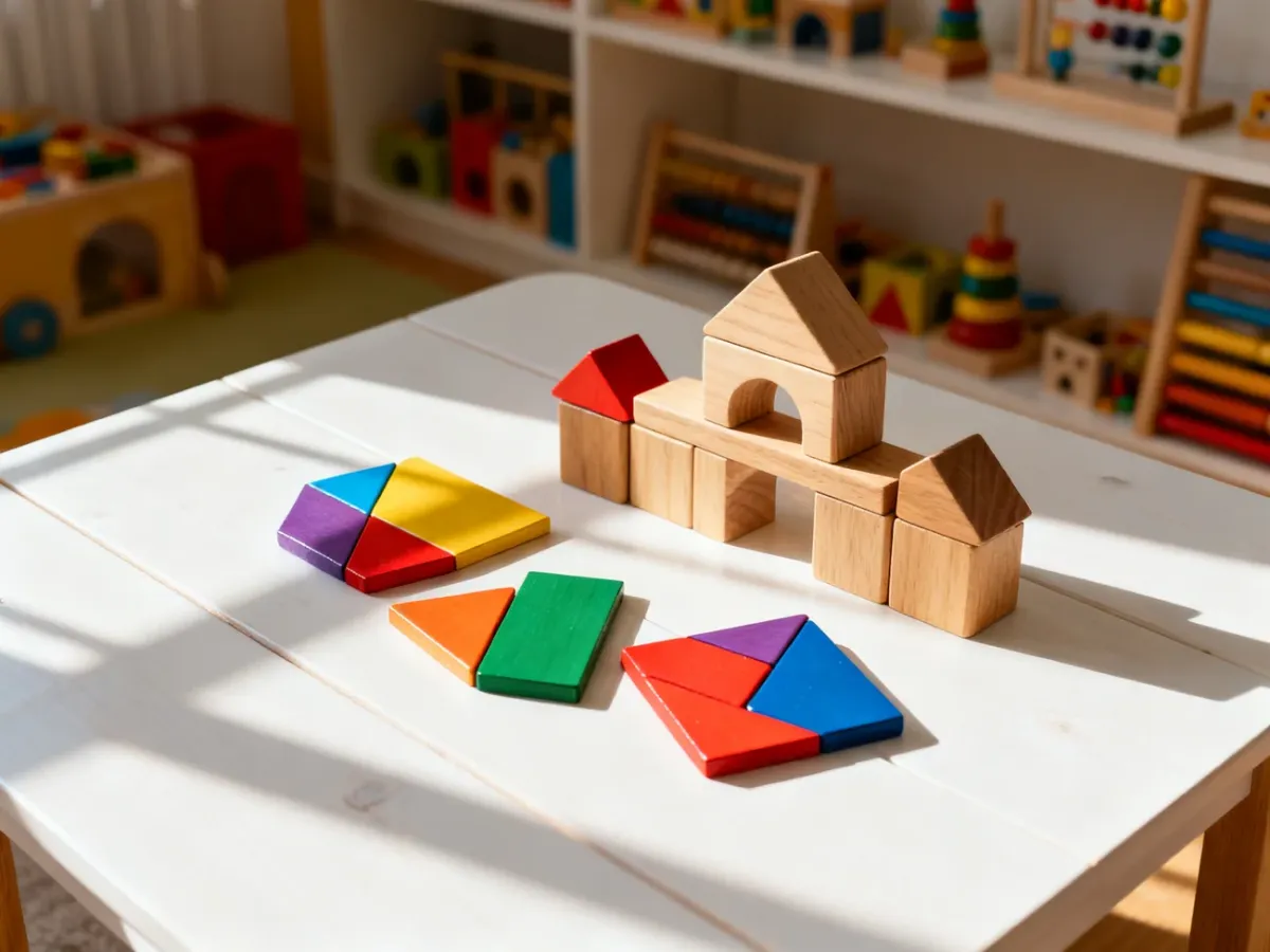 Drewniane klocki i kolorowe układanki geometryczne na stole, zachęcające do kreatywnej zabawy edukacyjnej.