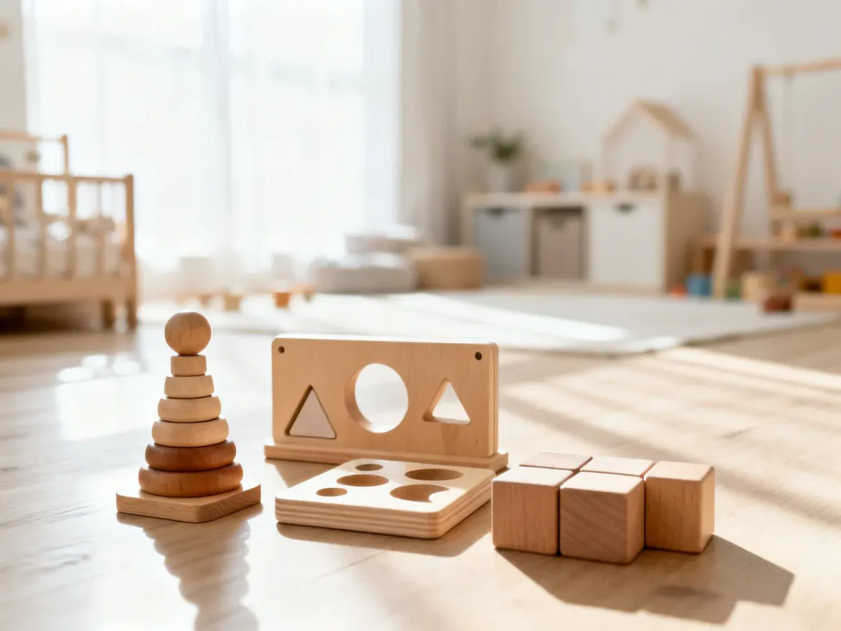 Minimalistyczne drewniane zabawki edukacyjne Montessori ułożone na jasnej podłodze w słonecznym pokoju dziecięcym.