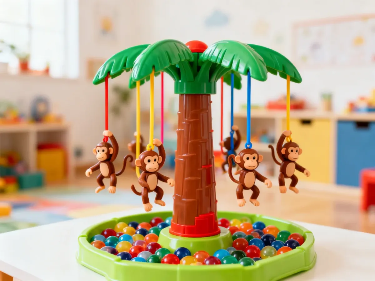 Kolorowa palma z wiszącymi małpkami i kulkami, stanowiąca główny element gry zręcznościowej Falling Monkeys.