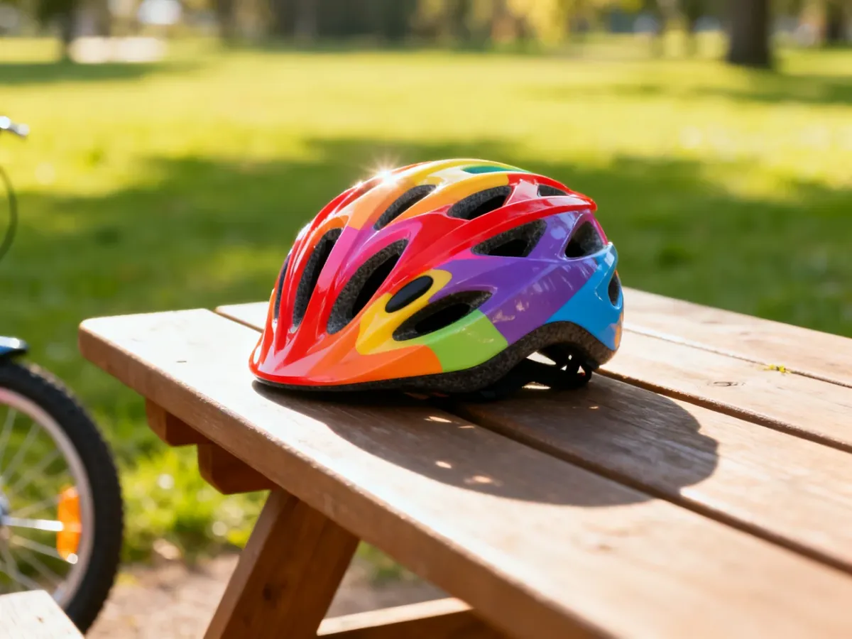 Kolorowy kask rowerowy dla dziecka położony na drewnianej powierzchni w słonecznym parku.
