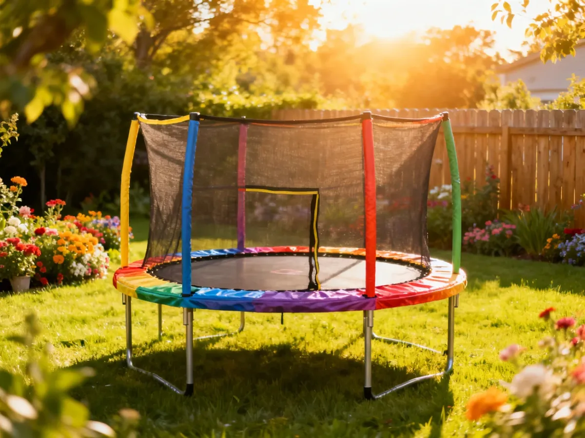 Kolorowa trampolina z siatką zabezpieczającą ustawiona w słonecznym ogrodzie, gotowa do bezpiecznej zabawy dla dzieci.