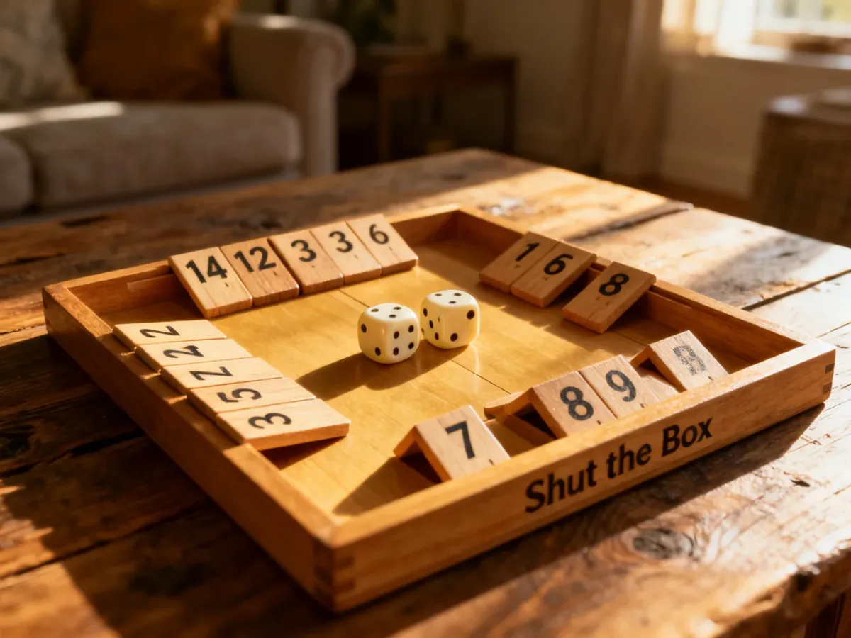 Drewniana gra planszowa Shut the Box z przewróconymi kafelkami i dwiema kośćmi na rustykalnym stole.
