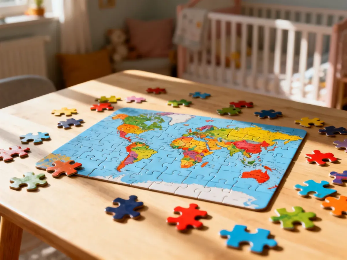 Kolorowe puzzle z mapą świata rozłożone na drewnianym stole, zachęcające dzieci do edukacyjnej zabawy.