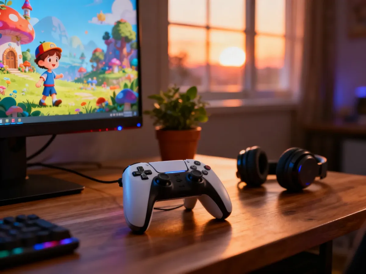 Kontroler do gier na biurku obok monitora z przyjazną dziecku grą fantasy, tworzący przytulną atmosferę do zabawy.