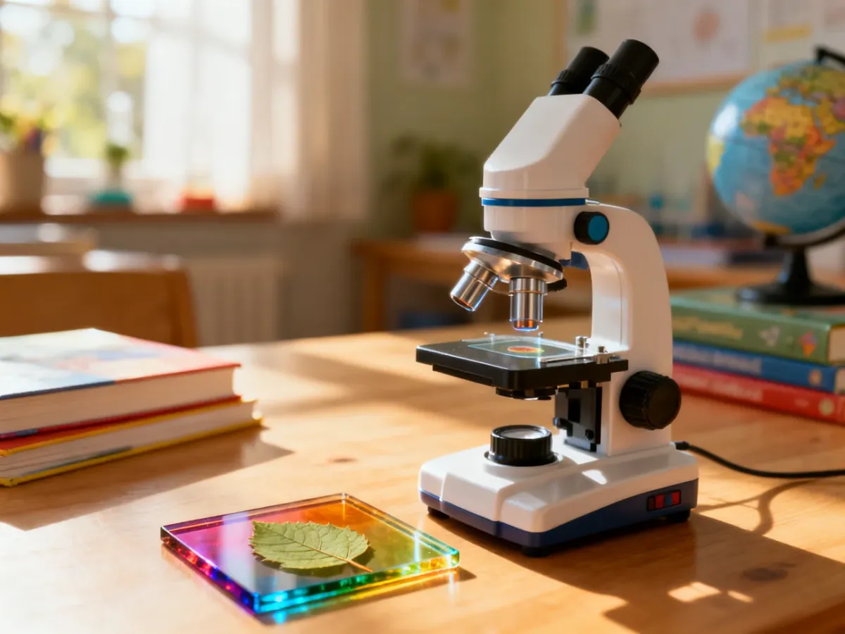 Profesjonalny mikroskop dziecięcy z preparatem liścia na drewnianym biurku w domowym laboratorium.