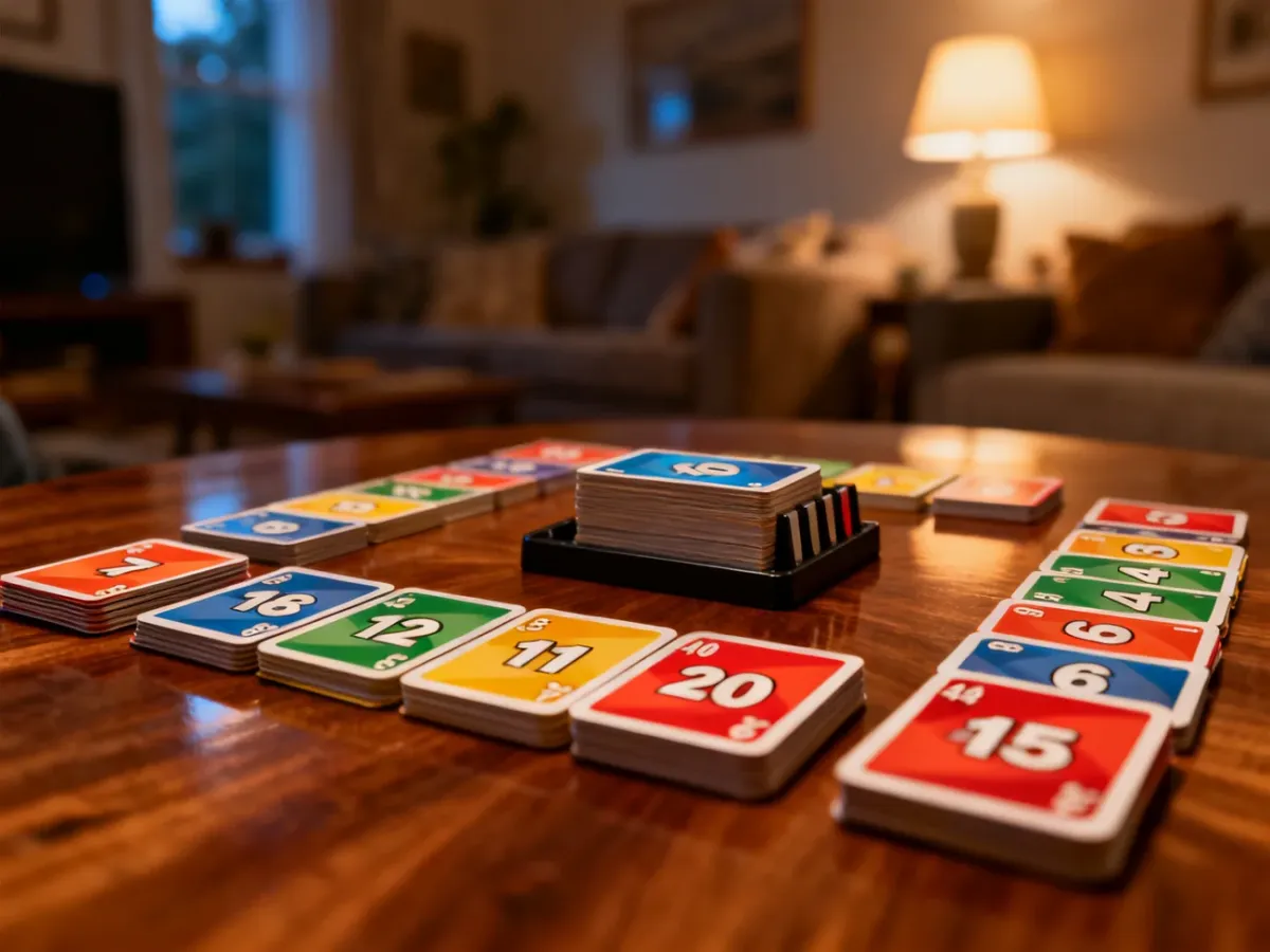 Rozłożone na drewnianym stole karty do gry Skip-Bo w przytulnym, domowym wnętrzu.