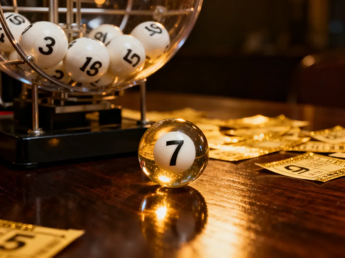 Maszyna losująca z kulami do gry w Powerball, z wyraźnie widoczną cyfrą siedem na pierwszym planie.