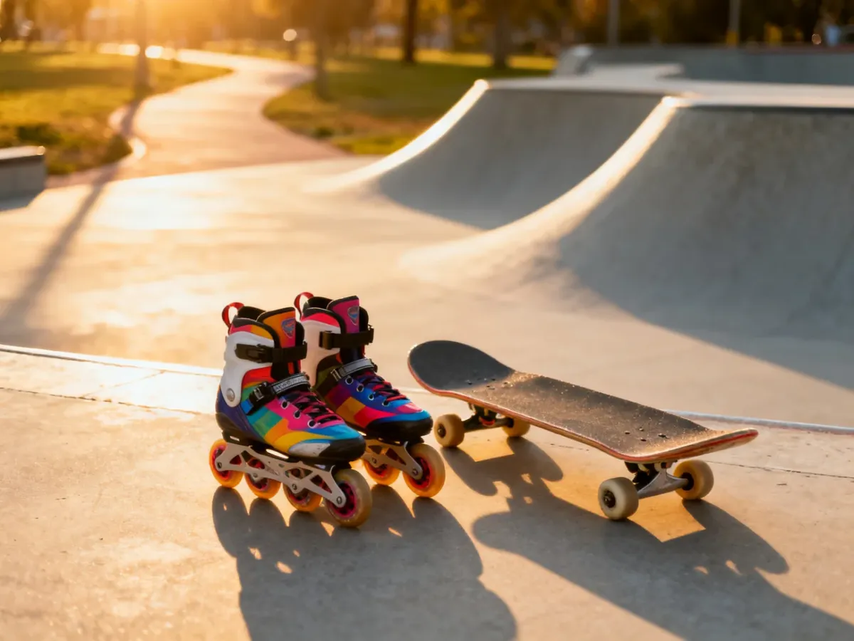 Kolorowe rolki i deskorolka leżące na betonowym podłożu skateparku w promieniach zachodzącego słońca.