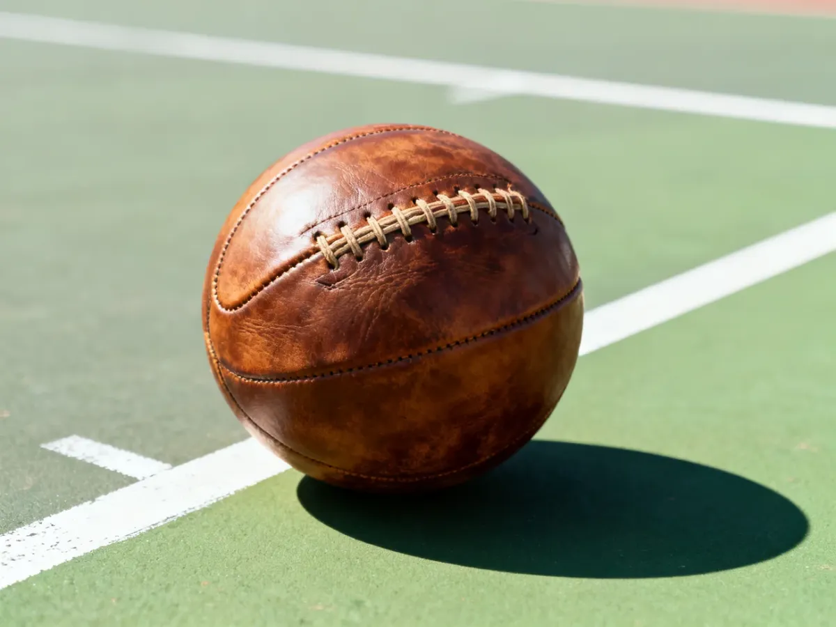 Skórzana piłka leżąca na boisku sportowym z wyraźnymi liniami wyznaczającymi pole gry.