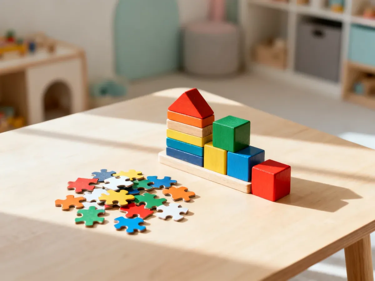 Kolorowe drewniane klocki i puzzle na jasnym stole, zachęcające dziecko do kreatywnej zabawy edukacyjnej.