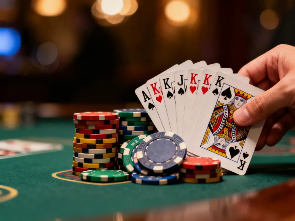Stół do pokera z ułożonymi żetonami oraz rozłożonym układem kart typu poker królewski.