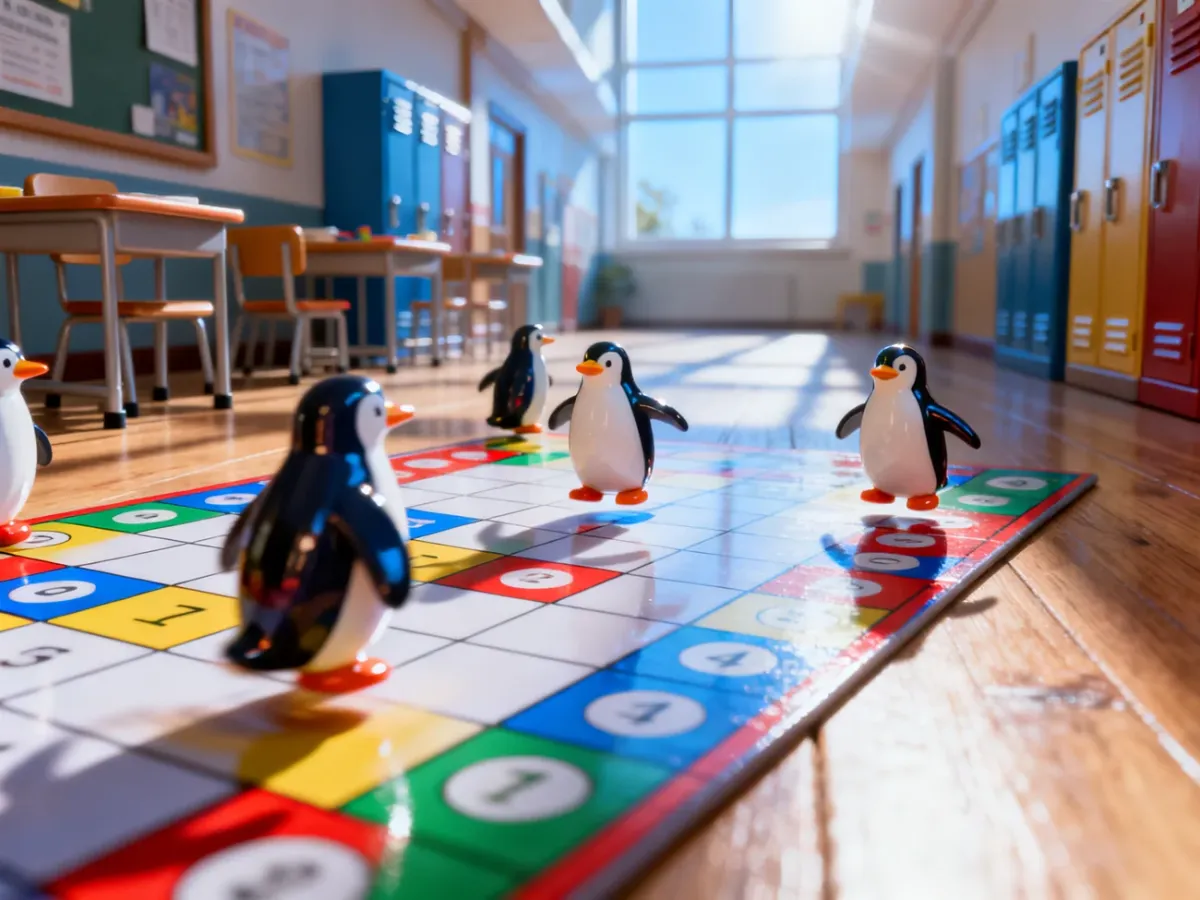Kolorowe figurki pingwinów pędzące po planszy w kształcie szkolnego korytarza w grze Ice Cool.