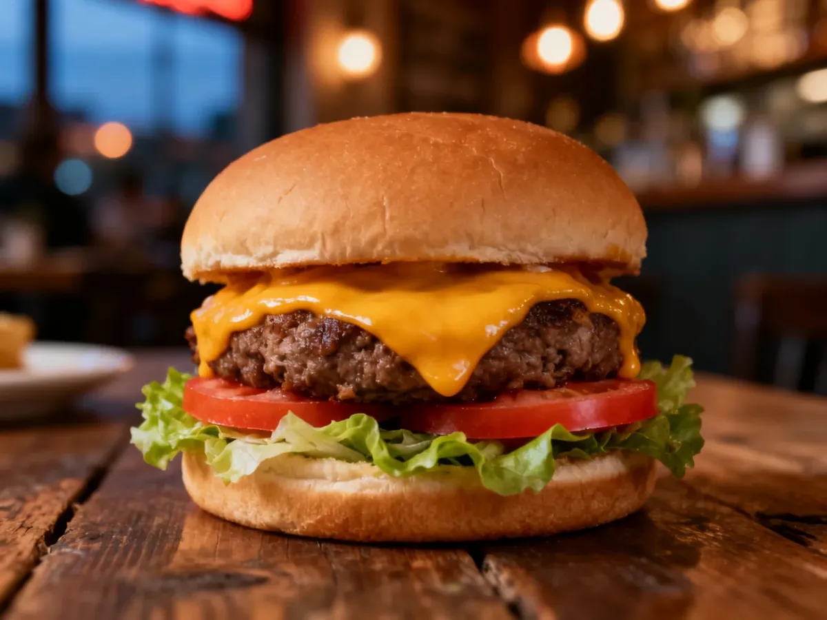 Apetyczny cheeseburger z roztopionym serem, sałatą i pomidorem, podany na rustykalnym drewnianym stole.