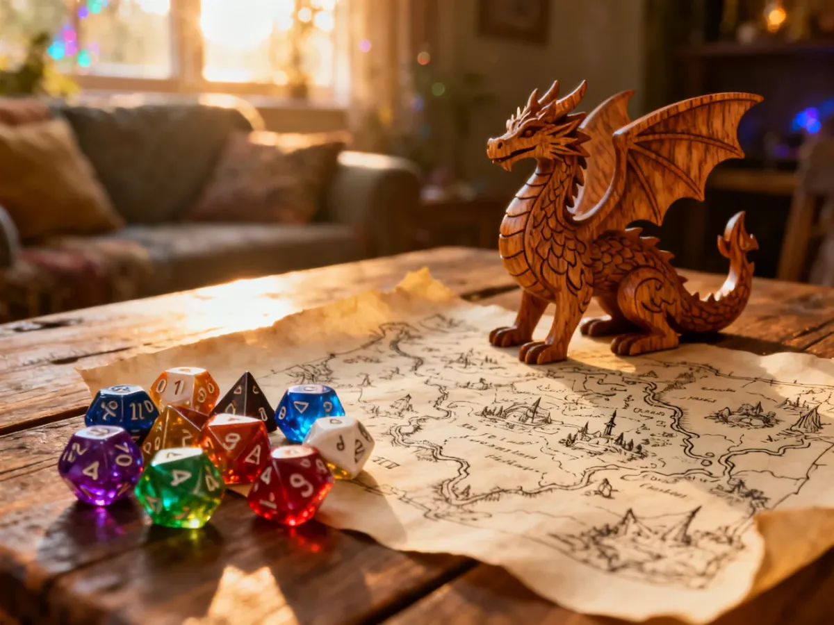 Kolorowe kości do gry, mapa fantasy i figurka smoka na drewnianym stole, zachęcające dzieci do rozpoczęcia przygody RPG.