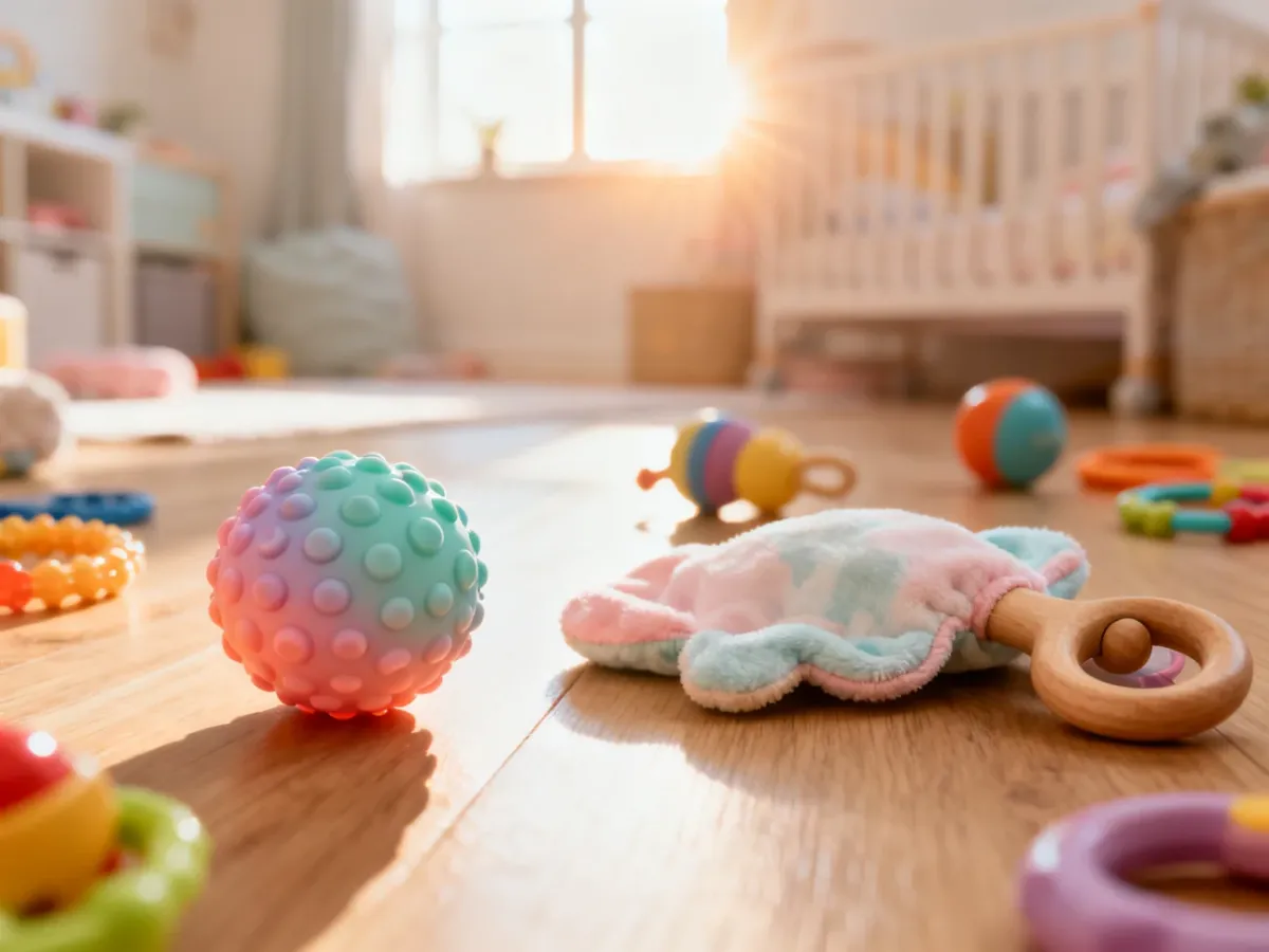 Różnorodne zabawki sensoryczne o różnych fakturach i materiałach ułożone na drewnianej podłodze w przytulnym pokoju dziecięcym.