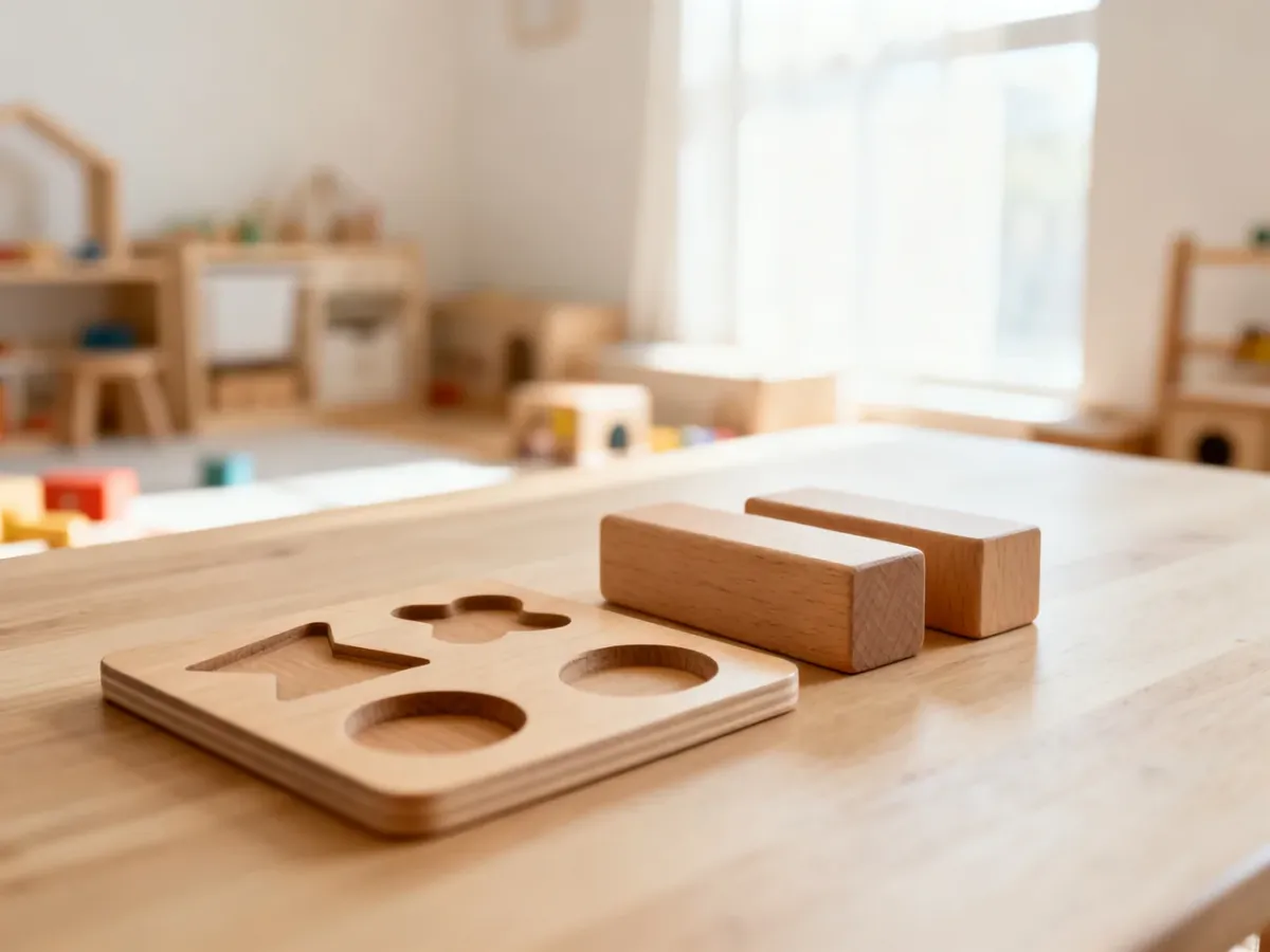 Drewniane zabawki edukacyjne Montessori starannie ułożone na jasnym blacie w słonecznym, minimalistycznym pokoju dziecięcym.