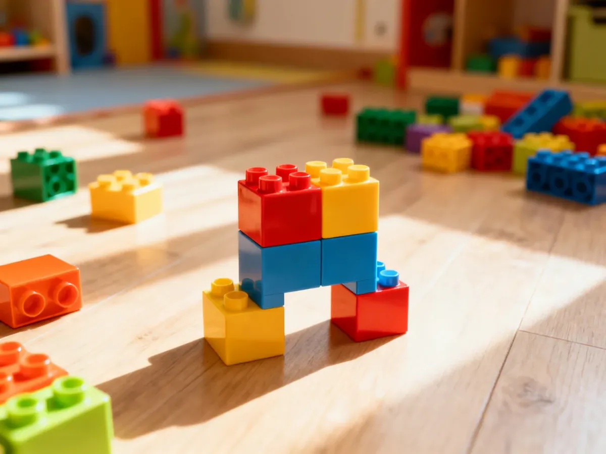 Kolorowe klocki typu duplo rozrzucone na drewnianej podłodze, z małą wieżą zbudowaną z elementów w podstawowych barwach.