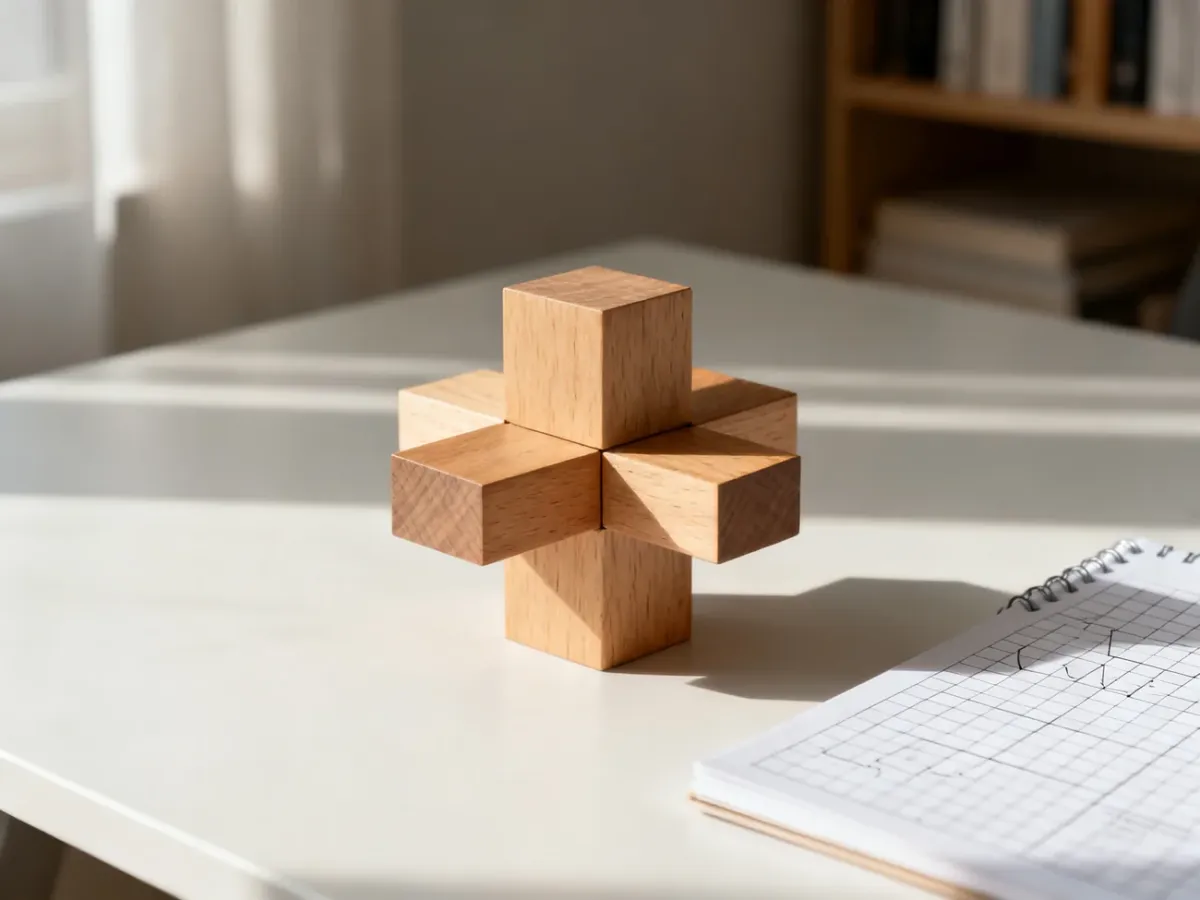 Drewniane puzzle o geometrycznych kształtach na biurku, symbolizujące ćwiczenia rozwijające logiczne myślenie.