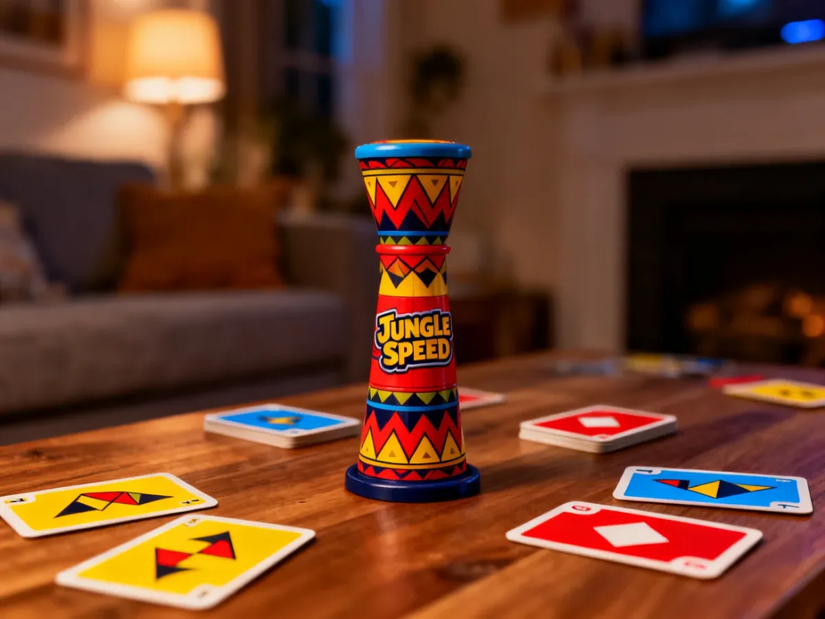 Drewniany totem Jungle Speed otoczony kolorowymi kartami z geometrycznymi symbolami na stole w przytulnym salonie.