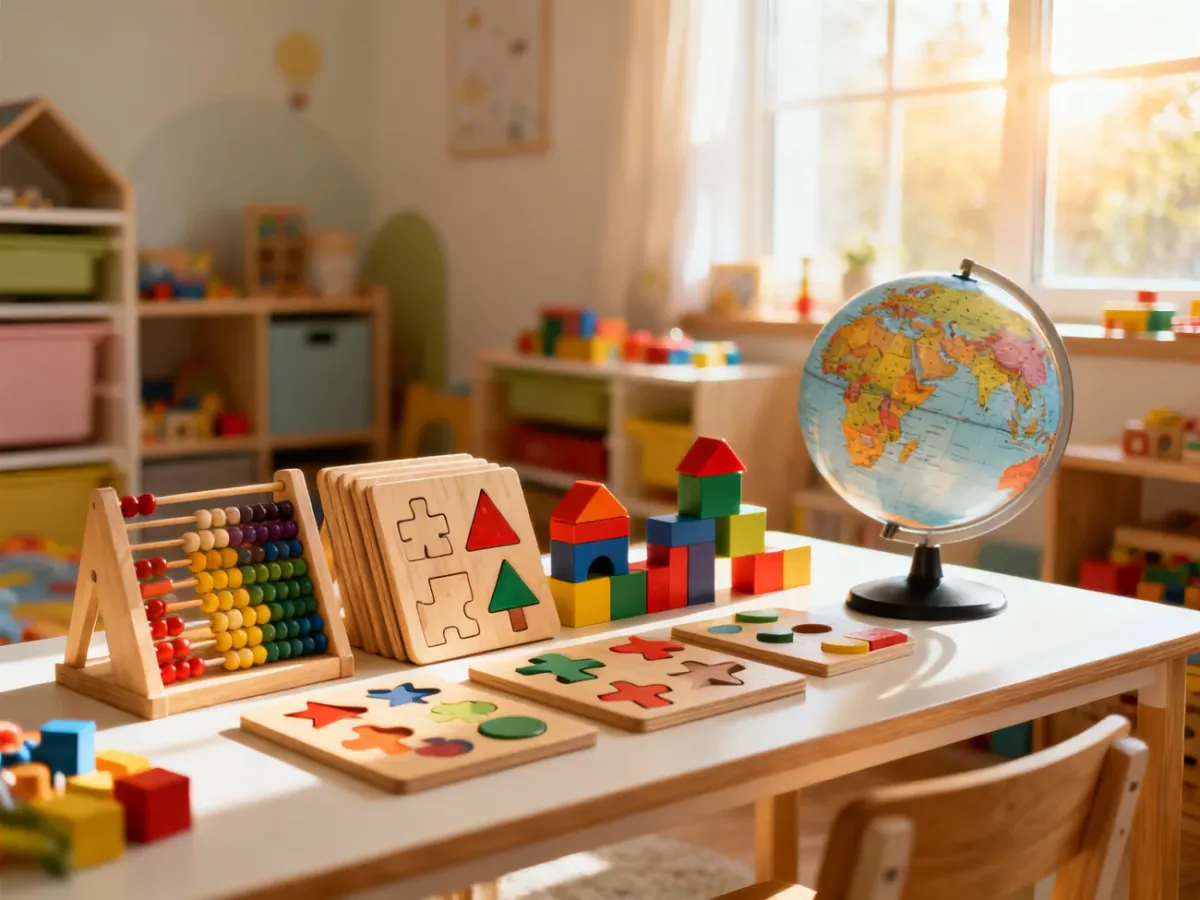 Drewniane puzzle, klocki i globus na biurku, zachęcające pięciolatki do kreatywnej i edukacyjnej zabawy.