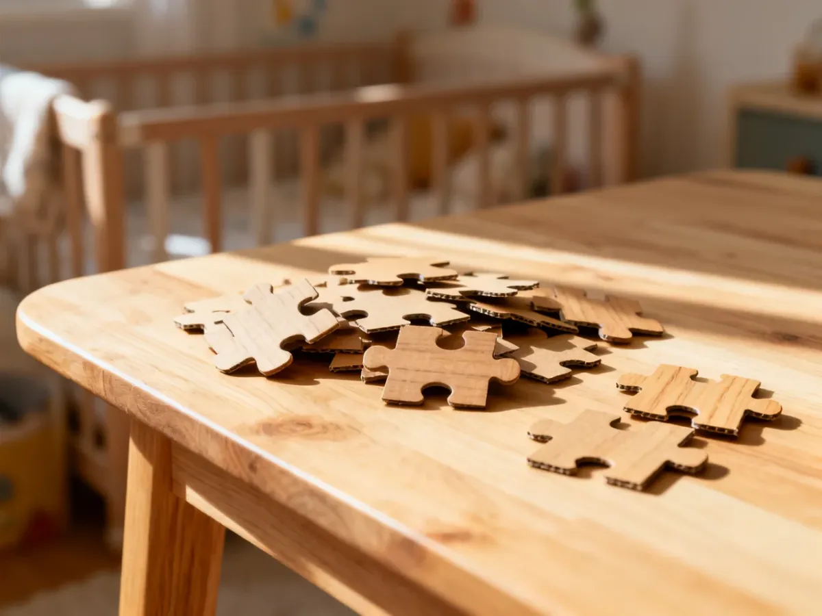 Drewniane elementy puzzli obok kartonowych na jasnym, dębowym stole, podkreślające różnicę w fakturze i jakości materiałów.