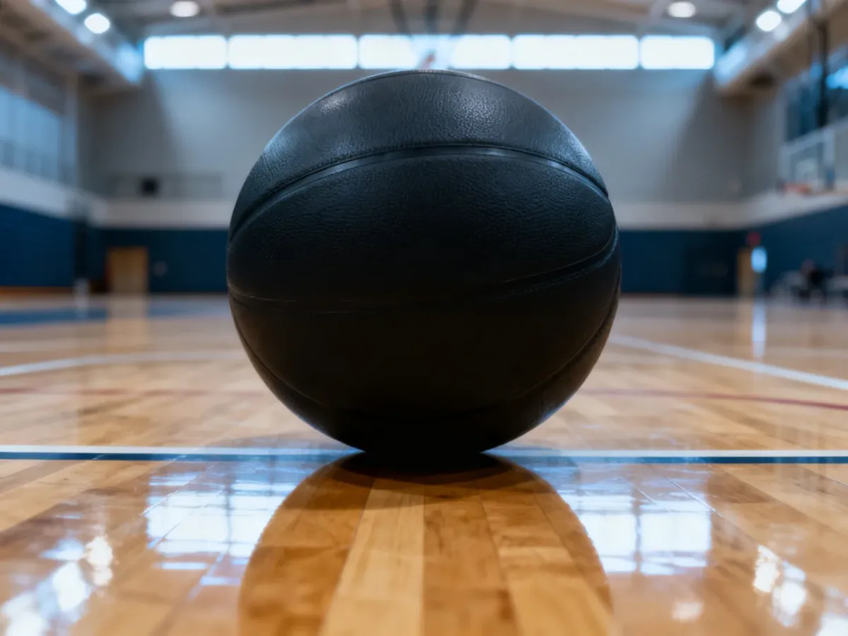 Wielka czarna piłka do gry w Kin-Ball na środku hali sportowej. Ujęcie podkreślające jej charakterystyczne rozmiary.