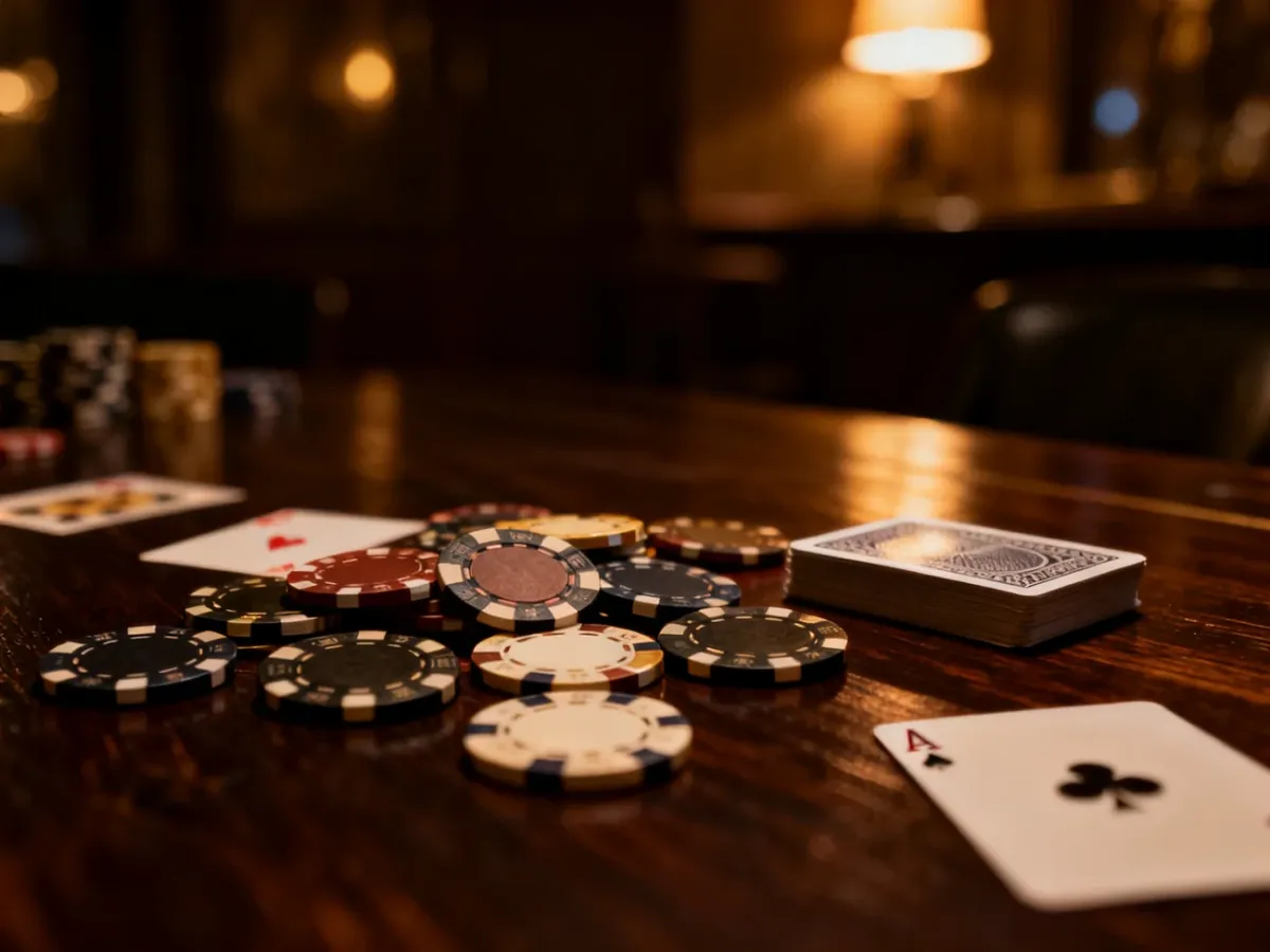Żetony pokerowe i talia kart na drewnianym stole, budujące klimat profesjonalnej rozgrywki w pokera.