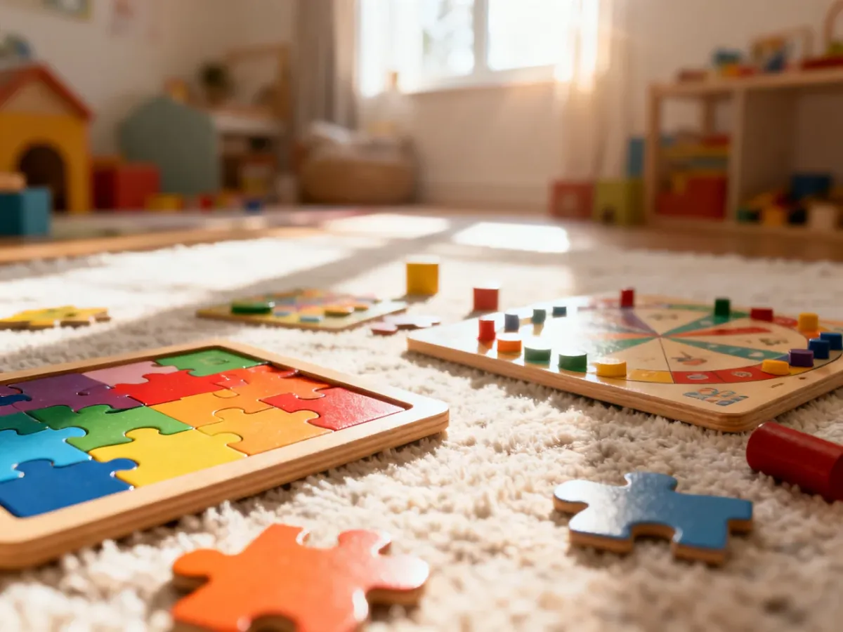 Kolorowe układanki i gry edukacyjne na miękkim dywanie w przytulnym pokoju zabaw, sprzyjające rozwojowi dzieci.