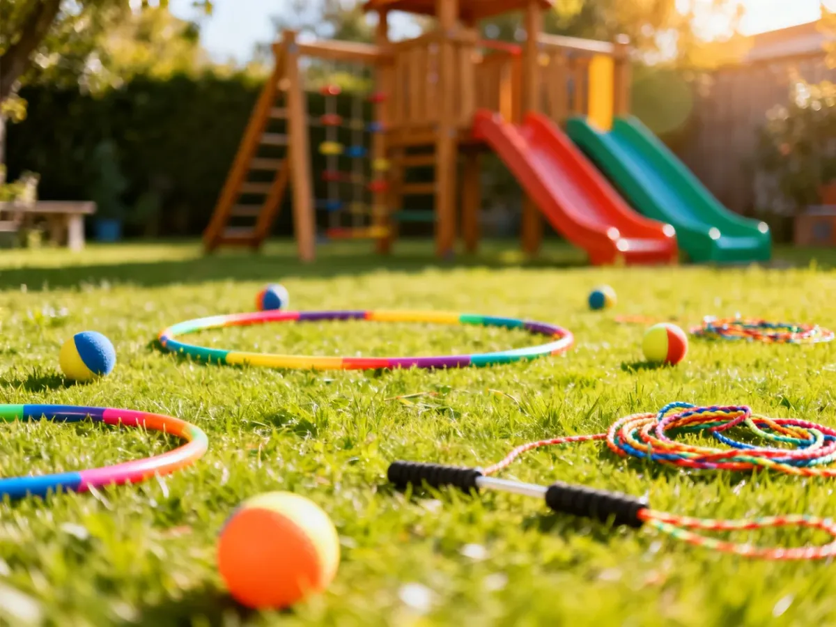 Kolorowy zestaw akcesoriów sportowych, takich jak hula-hoop i piłki, rozłożony na trawniku na placu zabaw.