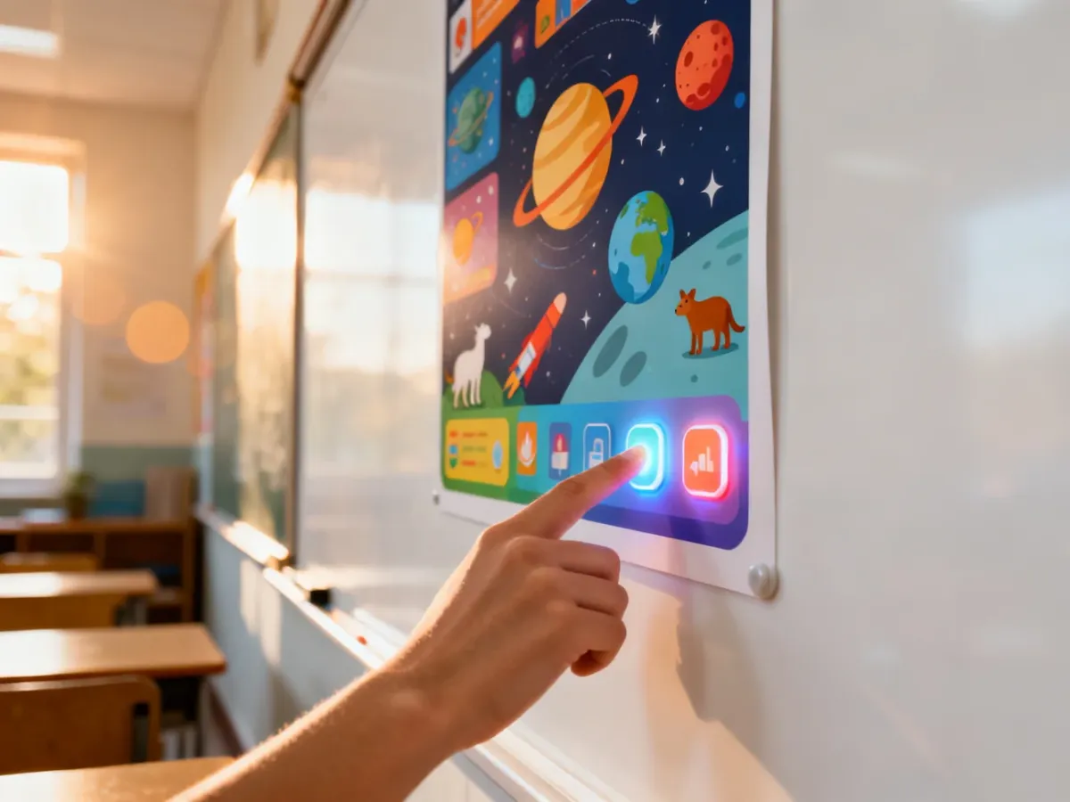 Dziecięca dłoń naciska podświetlany przycisk na interaktywnym plakacie edukacyjnym z ilustracjami zwierząt i planet.