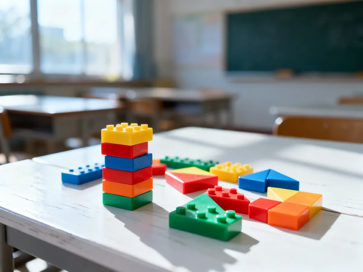 Kolorowe klocki matematyczne ułożone w wieże i wzory geometryczne na białym biurku, gotowe do nauki liczenia.