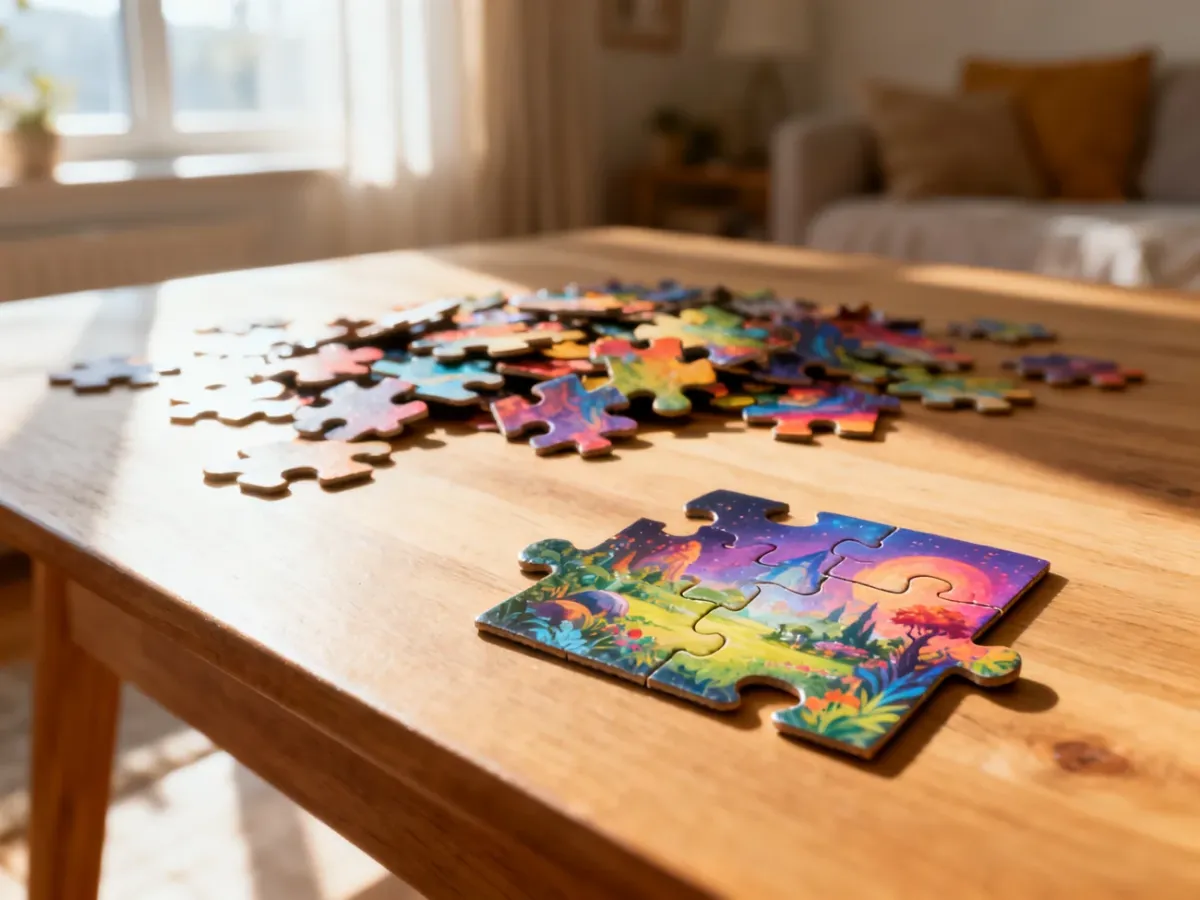 Kolorowe elementy puzzli z fantastycznym krajobrazem rozłożone na drewnianym stole w słonecznym pokoju.